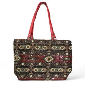 Christiana Beaded Tote Bag Red Strap Boho Vintage Purse Made in India